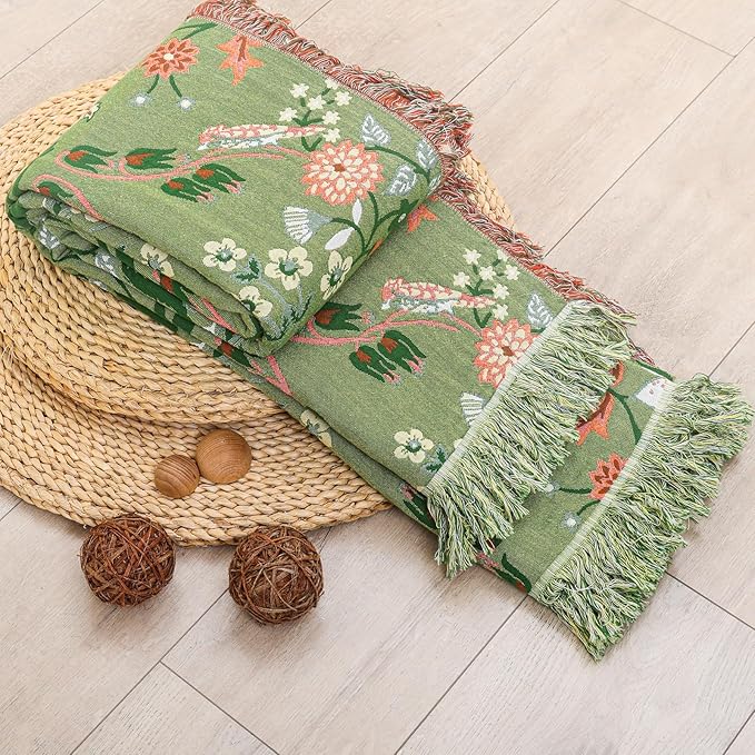 Boho Throw Blanket 80"x90", 100% Cotton Ultra Soft Luxury Throw for Couch and Sofa Blankets Home Decor, All Season Florals and Animals Throw Reversible Breathable Cozy Blankets