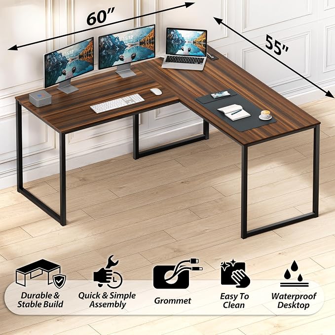 SHW Mission 55 x 60 L-Shape Home Office Computer Desk, Walnut | Reversible Desktop Design