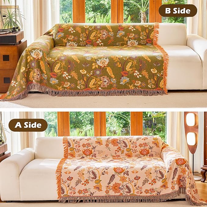 VANJOROY Boho Throw Blanket for Bed Couch 50" x 60", 100% Organic Cotton Skin-Friendly Ultra Soft Quilt Throw - Floral Rustic Living Room Decor Luxury Reversible Blanket for Sofa Chair and Gift