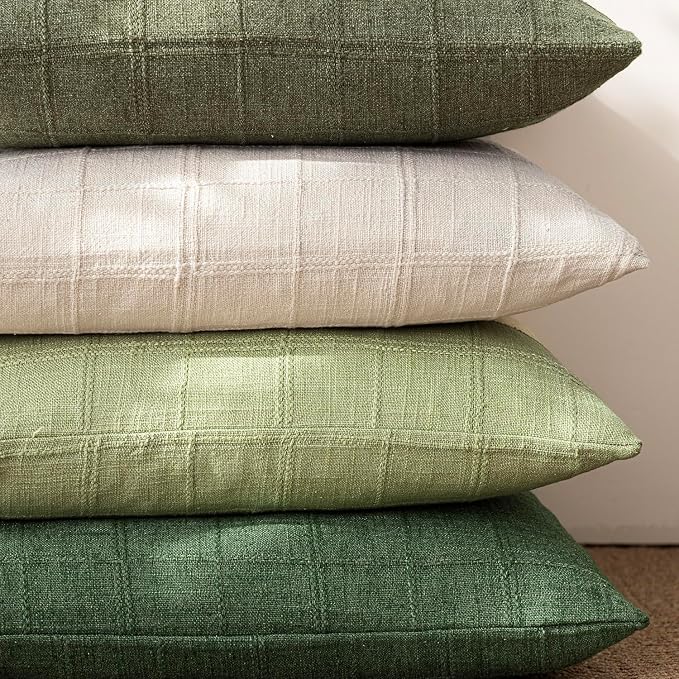 Foindtower Set of 2 Decorative Linen Check Throw Pillow Covers Neutral Farmhouse Lumbar Cushion Covers Modern Boho Accent Home Decor for Sofa Chair Couch Bedroom Living Room,12×20 Inch,Light Green