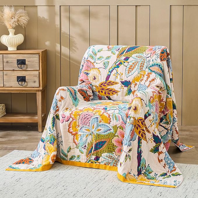 XIBLC Boho Throw Blanket 100% Cotton Vintage Blanket Muslin Woven Flower Decorative Throw Blankets All Season Bohemian Rustic Farmhouse Decor Quilt for Bed (Yellow 50"x60")