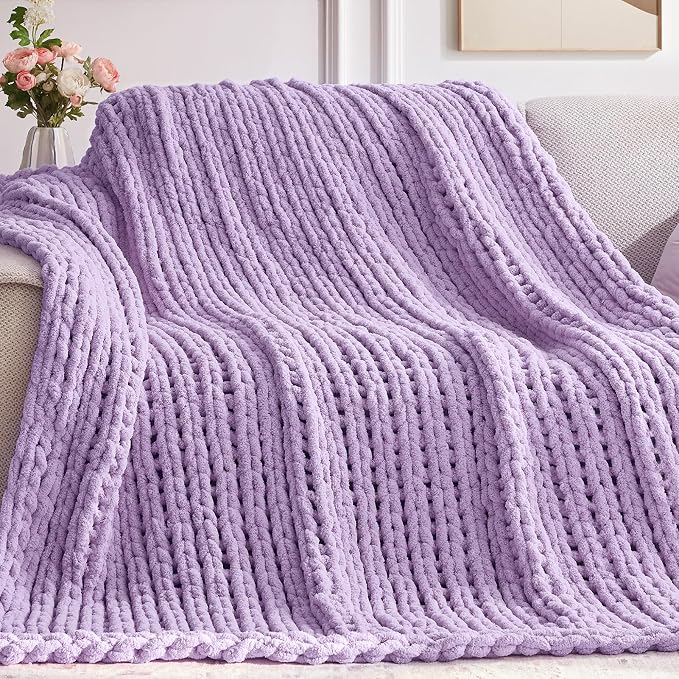 Negwoo Chunky Knit Throw Blanket, Knitted Throw Chenille Yarn, 30"*40" | Soft Thick Cable Knitted Blankets, Handmade Big Thick Blanket,Machine Washable Cute Comfy Blanket for Home Decor,Light purple