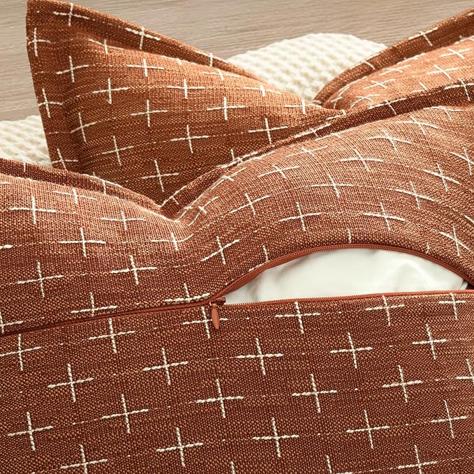 Fall Throw Pillow Covers 26x26 Set of 2 Soft Polyester Textured Rust Pillow Covers with Stylish Flange Edge Cozy Farmhouse Throw Pillows for Couch Bed Sofa Living Room Fall Decor
