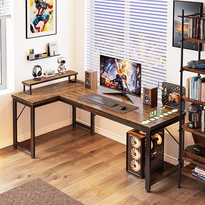 PRAISUN 53" L Shaped Computer Desk, Outlets, Monitor Stand, Rustic Brown | USB-C Ports, Reversible Charging Station, Spacious Desktop & Legroom, 0.94 Inch Thick Desktop, for Gaming, Study & Work