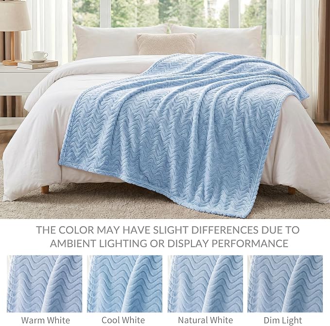 Exclusivo Mezcla Soft Fleece Blanket King Size for Bed, Sofa, Light Blue | 90"x104" Breathable Lightweight Flannel Blanket for Summer, Plush Cozy Jacquard Wave for Home Decor
