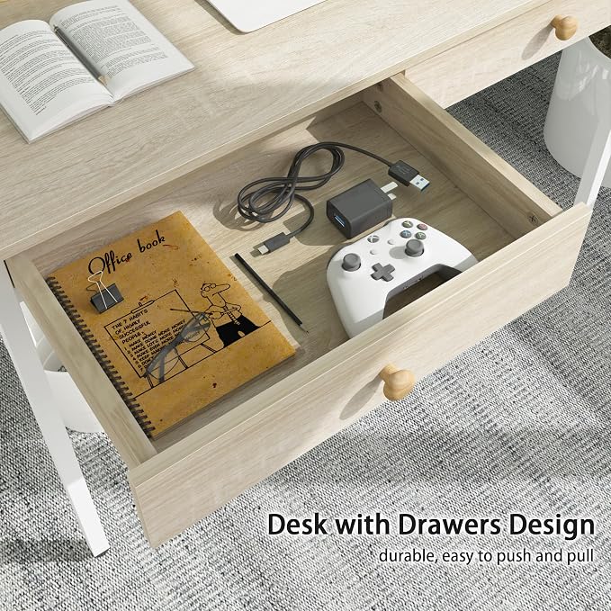 Weehom Computer Desk with Drawers, Home Office Workstation, Beige | Sturdy and spacious workstation for writing, studying and gaming, Suitable for PC and laptop use