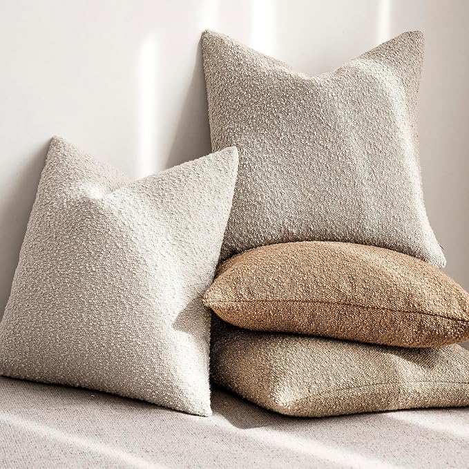 Foindtower Set of 2, Decorative Textured Boucle Throw Pillow Covers Accent Solid Pillow Cases Neutral Cozy Couch Cushion Case for Chair Sofa Bedroom Living Room Home Decor 24 x 24 Inch Ivory Beige