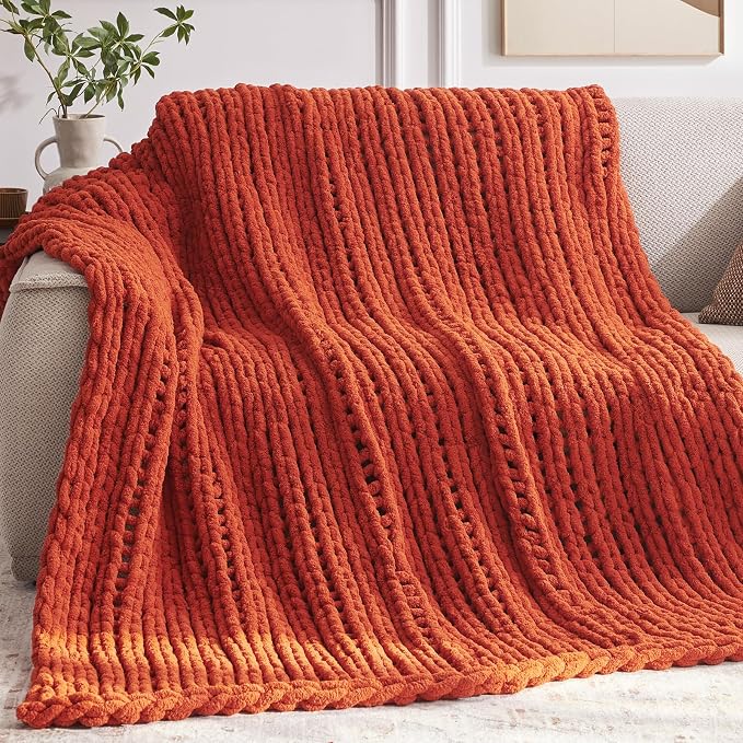Negwoo Chunky Knit Throw Blanket, Knitted Throw Chenille Yarn, 50"*60" | Soft Thick Cable Knitted Blankets, Handmade Big Thick Blanket, Machine Washable Cute Comfy Blanket for Home Decor, Orange