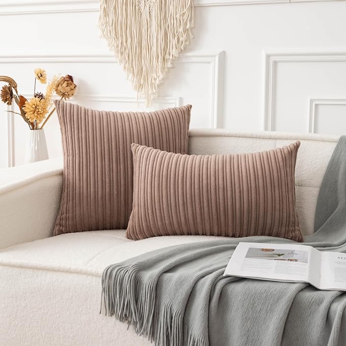 UGASA Fall Soft Velvet Stripe Decorative Lumbar Pillow Covers Set of 2 Solid Corduroy Textured Euro Oblong Cushion Cases for Couch Bedroom Sofa Farmhouse, 12x20 Inch, Light Brown