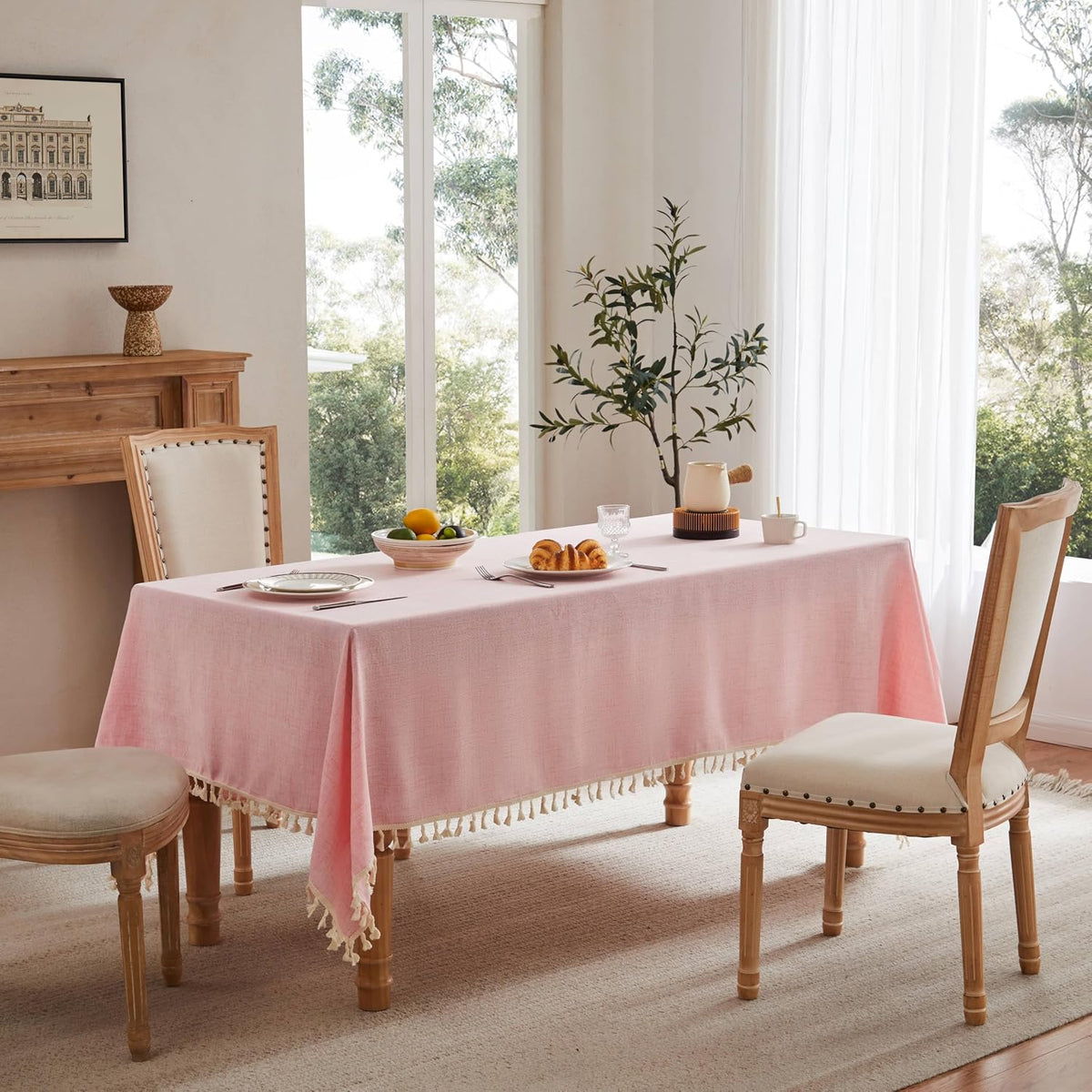Tassel Linen Rectangular Table Cloth, Pink 52x70 Inch | Tassel Trimmed, Sleek Draping, Cotton Blend, Water Stain Resistant Dining Tablecloths, Washable Farmhouse Table Cover