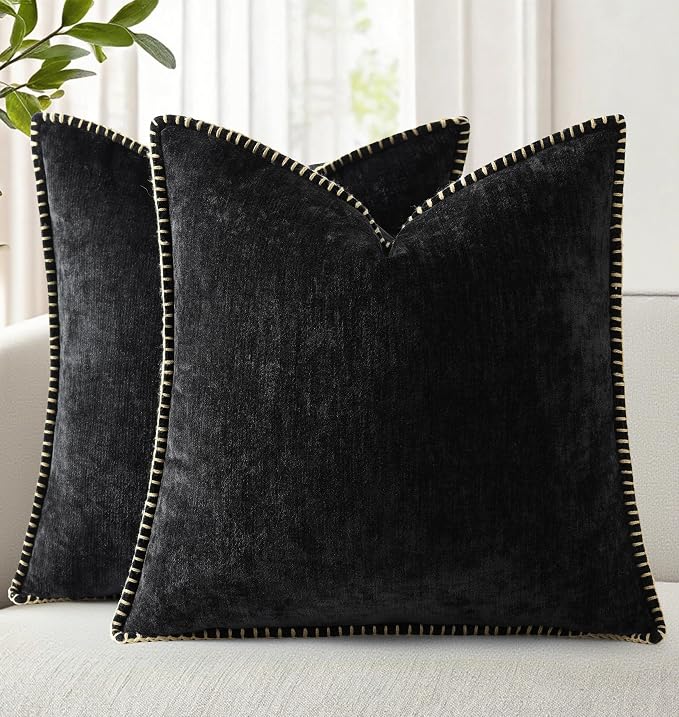 decorUhome Soft Chenille Throw Pillow Covers 20x20 Set of 2 Black | Fall Textured Decorative Throw Pillow Cases Stitched Edge Modern Farmhouse Luxury Boho Velvet for Couch Sofa Bed Home Decor
