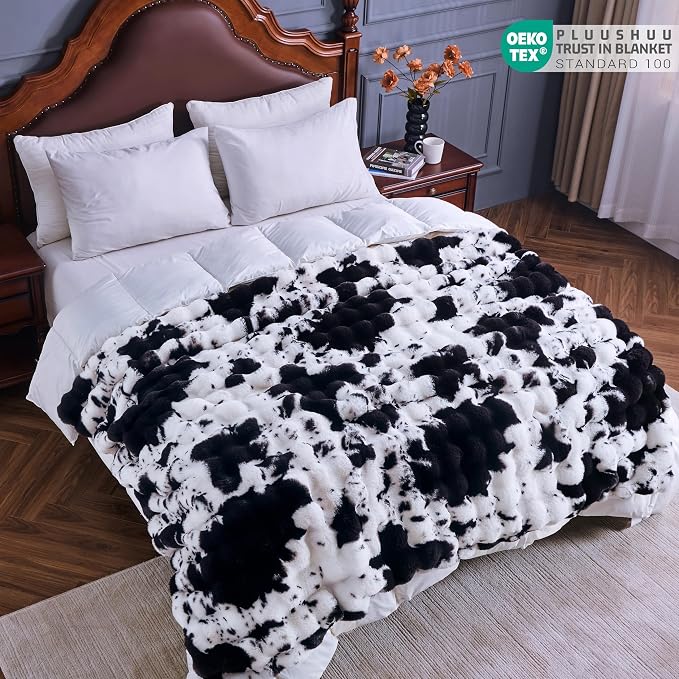 Faux Fur Throw Blanket for Couch, Fluffy Fuzzy Plush Bubble Blanket, Soft Warm Cozy Shaggy Rabbit Blanket, Luxury Decorative Gifts for Sofa Bedroom Living Room, 90x90inch (Cow Print-Black)