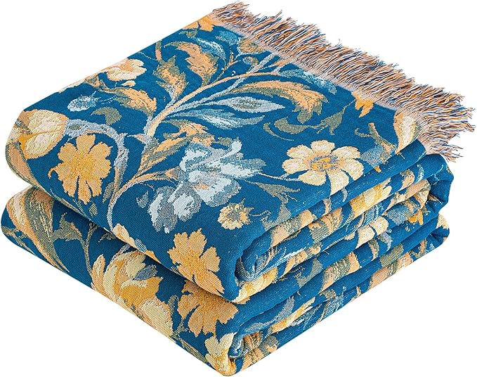 VANJOROY Boho Throw Blanket, 100% Organic Cotton Breathable Ultra Soft 60" x 80" Bed Quilt Blue Throw - All Season Bird Floral Rustic Farmhouse Decor Reversible Blanket for Couch Chair and Gift