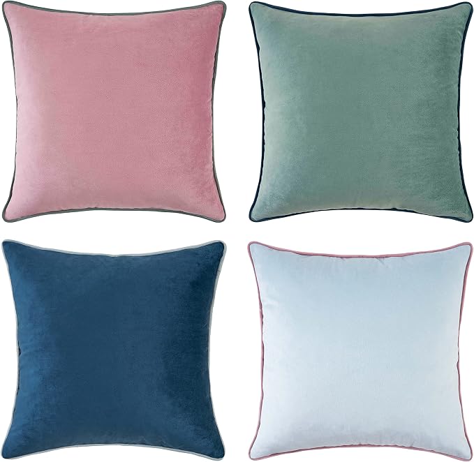 MONDAY MOOSE Decorative Throw Pillow Covers Cushion Cases, Set of 4 Soft Velvet Modern Double-Sided Designs, Mix and Match for Home Decor, Pillow Inserts Not Included (18x18 inch, Pink/Blue)