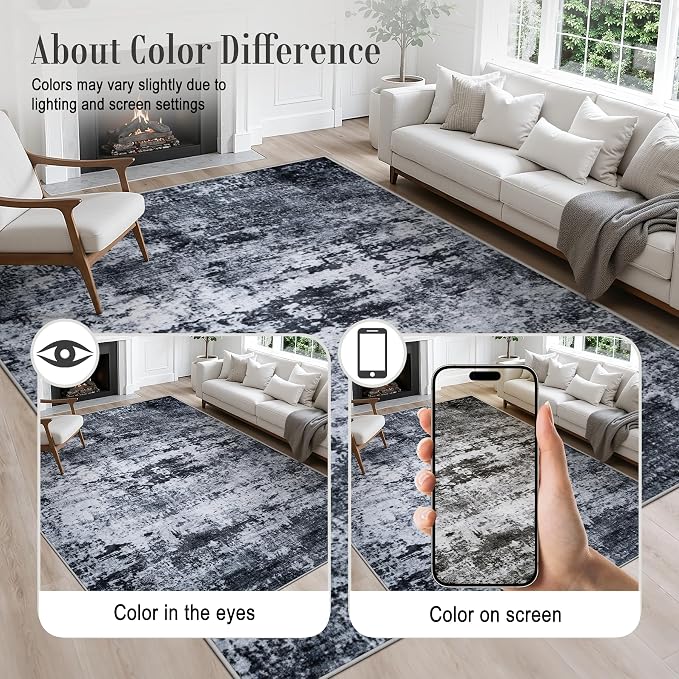 10x12 Area Rug Living Room Rug: Washable Modern Abstract Soft Thin Rug Indoor Floor No Slip Stain Resistant Carpet for Bedroom Dining Room Farmhouse Nursery Home Office - Black