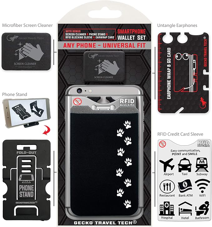 Phone Wallet - Adhesive Card Holder - Cell Phone Pouch - Stick on Lycra Pocket by Gecko - Carry Credit Cards and Cash