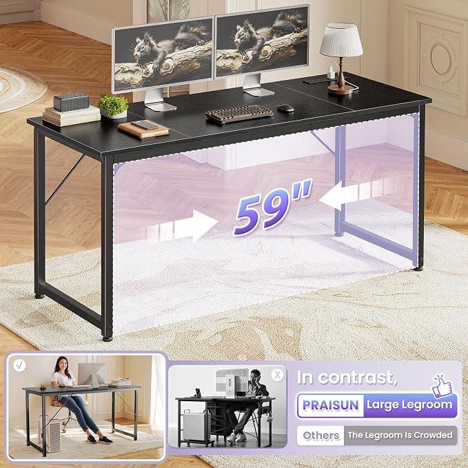 PRAISUN 63 X 24 Inch Computer Desk, Power Outlets, USB-C, Black | Office Desk with 4 AC Outlets, USB & USB-C, Sturdy Metal Frame, Spacious Desktop for Work, Writing, Study & Gaming