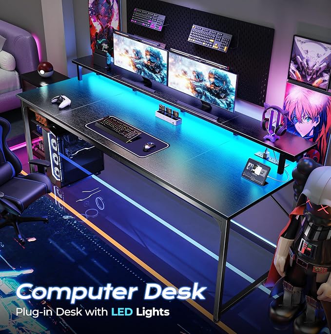 PRAISUN 63 inch Gaming Desk, LED & Power Outlets, Monitor Stand, Black | Sturdy PC Desk for Home Office, Study & Work, LED Lights, 4 AC Outlets & USB-C Charging Station