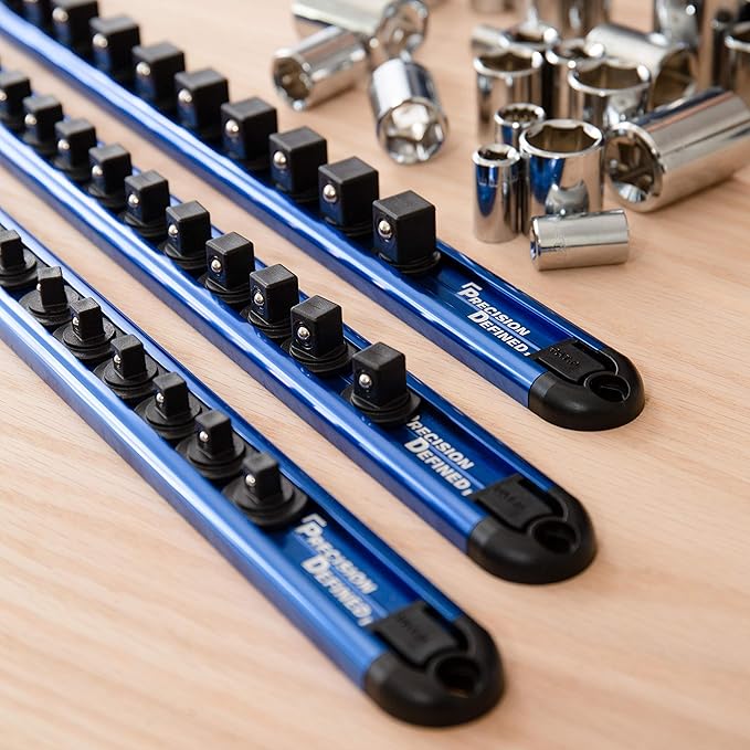 Precision Defined Aluminum Tool Socket Holder | Blue, Single 1/4-Inch Socket Organizer x 16 Clips | Heavy Duty Socket Rails Organizer, Socket Storage, Socket Tray 360 Rotation
