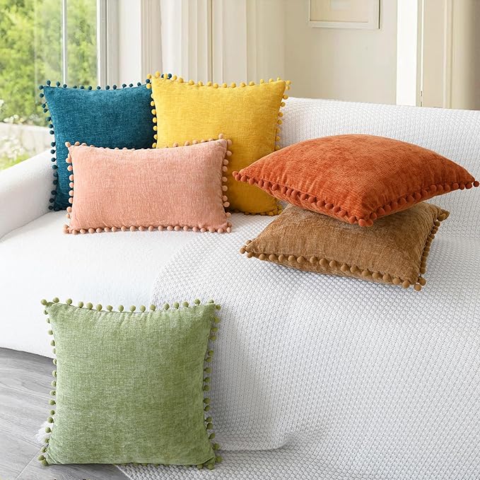 CaliTime Decorative Couch Throw Pillow Covers 18 X 18 Inches Apricot Brown | Pack of 2, Cozy Chenille Cushion Cases, with Pom Poms for Sofa Bed Living Room Farmhouse Home