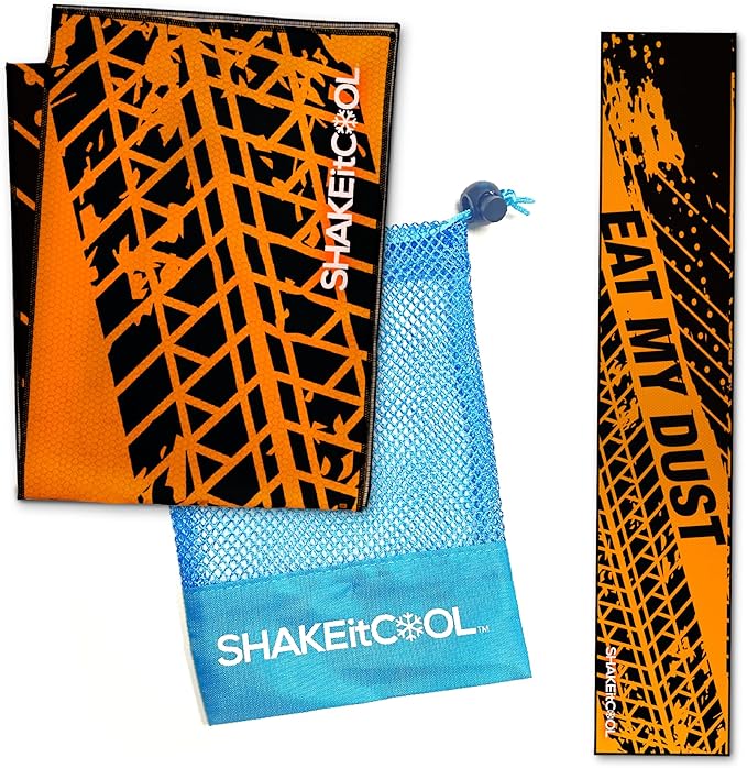 SHAKEitCOOL Original Cooling Towel – Be Cool in Style - Heat Relief, Soft, Lightweight, Sun Protection, Easy Clean - Perfect for Biking, Running, Yoga, Gym, Gardening - Eat My Dust