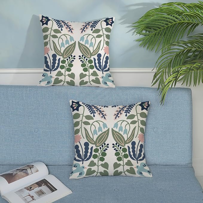 Boho Navy Blue Green Flower Pillow Covers 20x20 Inch Set of 2 Sage Green Floral Throw Pillows Vintage Flower Outdoor Pillowcase Linen Seasonal Decorations Farmhouse Cushion Case for Sofa Home
