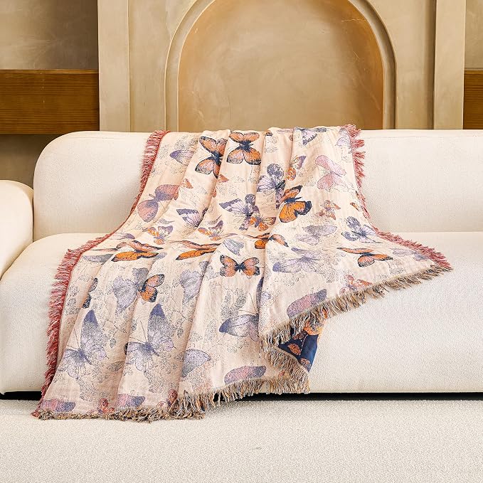 VANJOROY Boho Throw Blanket, 100% Organic Cotton Breathable Ultra Soft 60" x 80" Bed Quilt Throw - All Season Floral Rustic Farmhouse Decor Luxury Reversible Blanket for Sofa Couch Chair and Gift