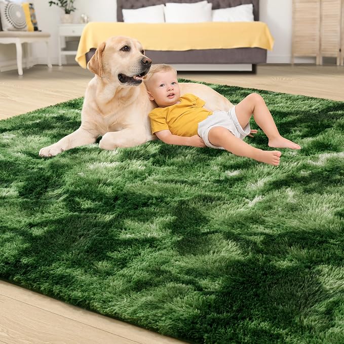 Tepook Fluffy Dark Green Rugs for Living Room Bedroom, 6x9 Soft Area Rug Tie-Dyed Forest Moss Green Kids Girls Boys Rug, Indoor Plush Shaggy Non-Slip Carpet for Nursery Classroom Dorm Home Decor