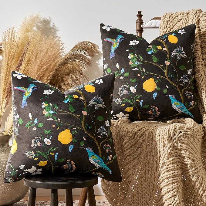 MUSSEL Brown Velvet Floral Decorative 20x20 Pillow Covers Set of 2 | Durable Sturdy,Botanical Printed Pattern,Throw Pillows Case,Square,Colorful Mid Century Cushion Covers,Sofa Couch Decor