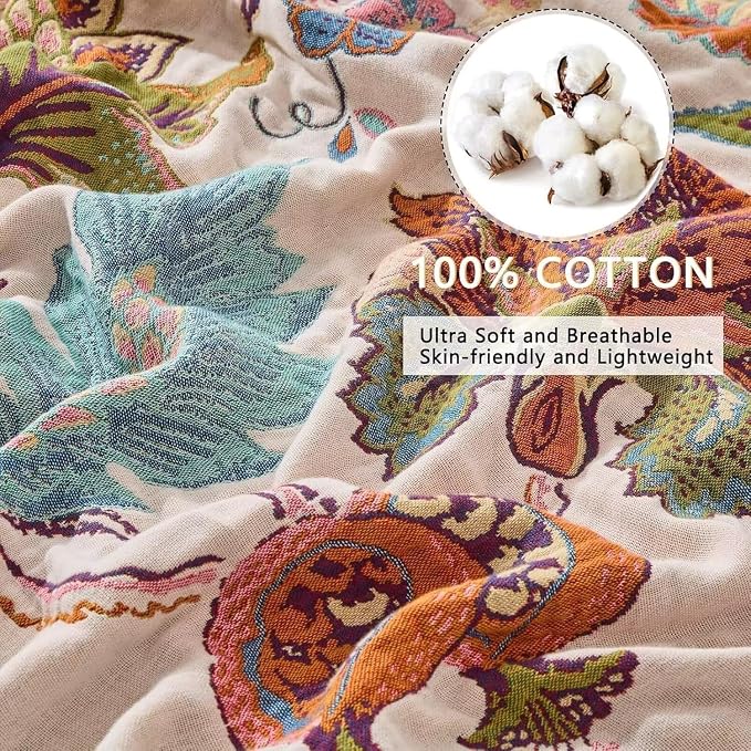 Boho Throw Blanket Farmhouse Decor Throw Blanket Bohemian Blanket for Bed 100% Cotton Muslin Woven Couch Blanket All Seasons Quilt Bedroom (B-Beige, 60"x80")