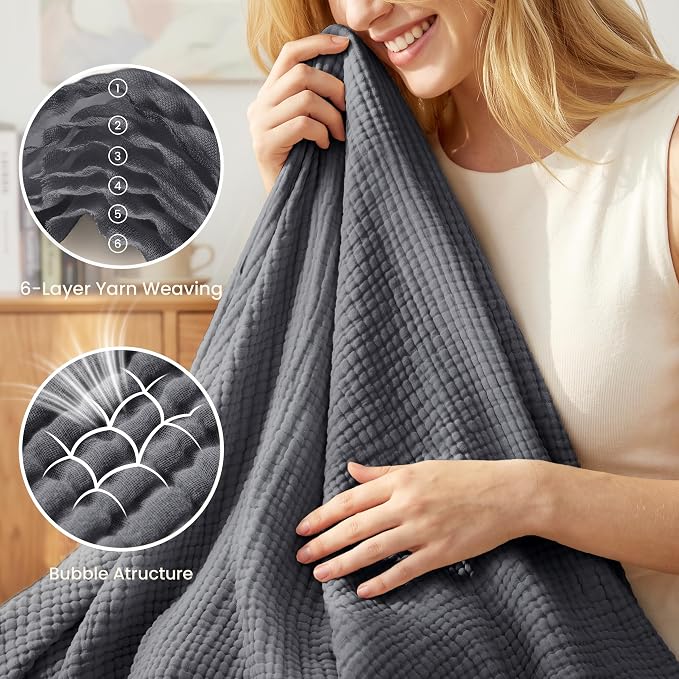 Love's cabin 100% Cotton Muslin Blanket, 6 Layer Lightweight Breathable Gauze Throw Blanket 50 x 60 Inches, Soft All Season Blanket for Couch, Bed, Sofa, Dark Grey