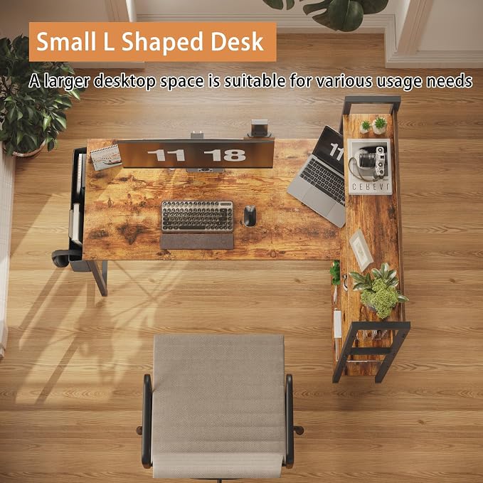 Treesland 40 Inch Computer Desk with Bookshelf, Corner Desk with Storage, L Shaped Desk, Home Office Desks, Writing Study Desk for Bedroom, Brown