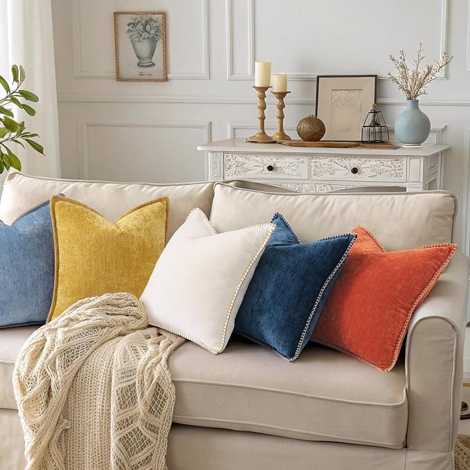 decorUhome Soft Chenille Throw Pillow Covers 18x18 Set of 2 Mineral Yellow | Fall Textured Decorative Throw Pillow Cases Stitched Edge Modern Farmhouse Luxury Boho Velvet for Couch Sofa Bed Home Decor