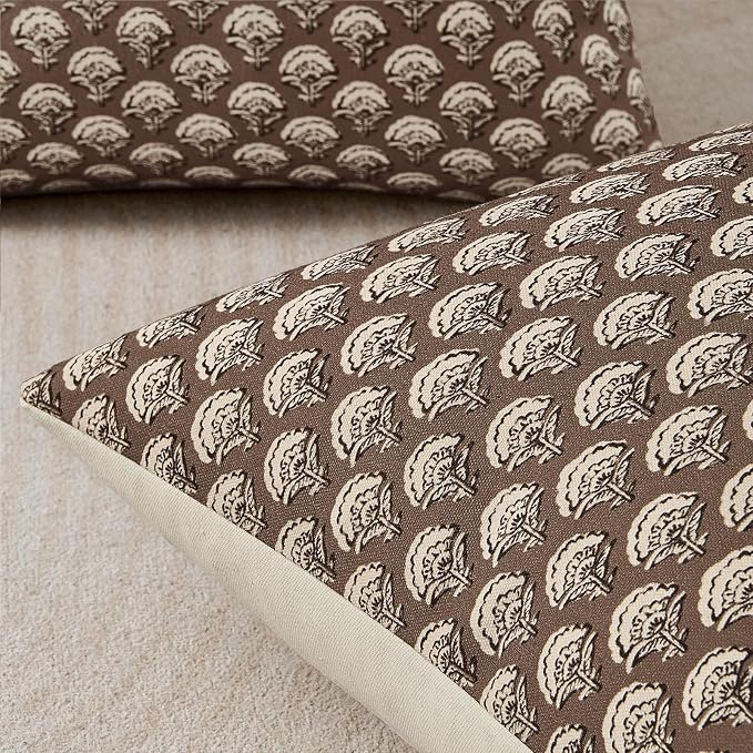 MIULEE Fall Floral Print Decorative Euro Pillow Covers 22x22, Chocolate | Vintage Boho Farmhouse Modern Home Decor, Set of 2, Brown Block Print Cushion Covers for Couch Sofa Bed Living Room