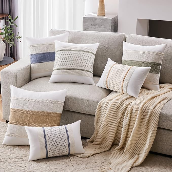 2pk Boho Pillow Covers 18x18, Natural White/Contrast/Blue | 100% Organic Cotton Body, Stripe Embroidery, Farmhouse Decorative Cushion Covers for Sofa Bed Living Room Home Decor