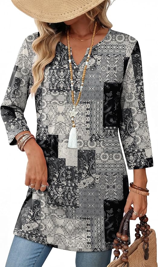 OFEEFAN Summer Boho Tops For Women 3/4 Length Sleeve Womens Tops Vacation Outfits