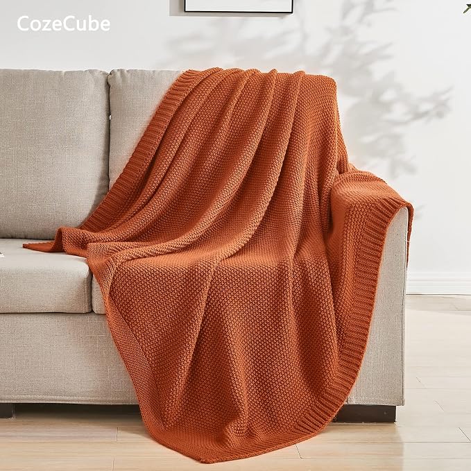 CozeCube Burnt Orange Seed Stitch Throw Blanket 60"x80", Farmhouse Decor | Blanket for Couch, Soft Cozy Cable Knit Throw for Bed Sofa Living Room, Lightweight Warm Decorative Christmas Blanket
