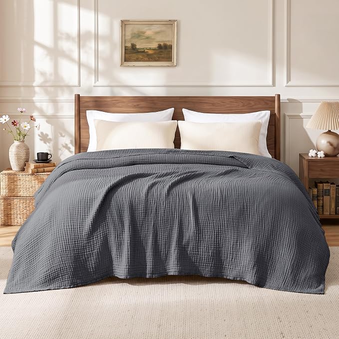 Love's cabin 100% Cotton Muslin Blanket, 6 Layer Lightweight Breathable Gauze King Size Blanket 108 x 90 Inches, Soft Summer Blanket for Bed, Dark Grey