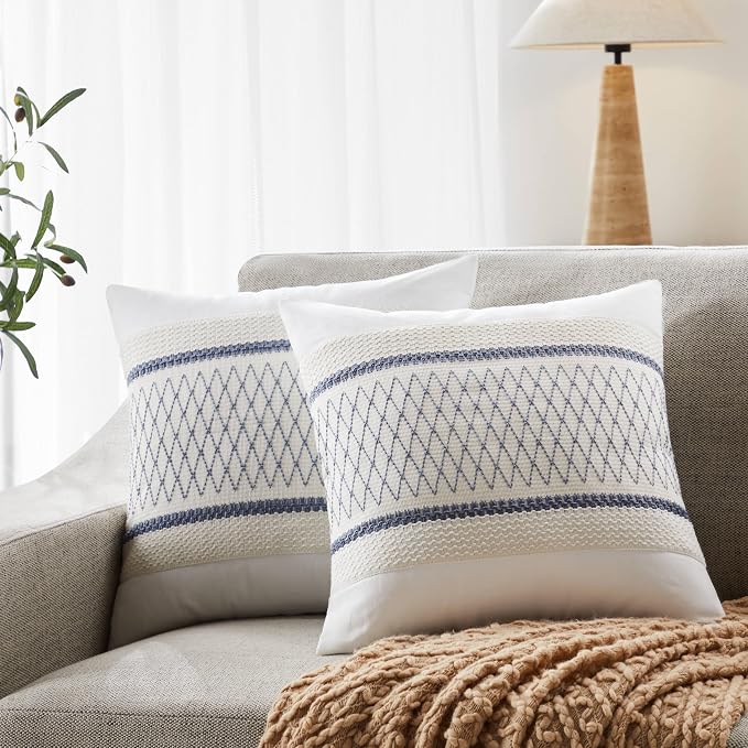 2pk Boho Pillow Covers 18x18, Natural White/Grid/Blue | 100% Organic Cotton Body, Stripe Embroidery, Farmhouse Decorative Cushion Covers for Sofa Bed Living Room Home Decor