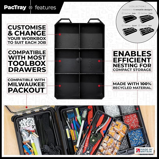 StealthMounts Six PacTray | 6-Compartment ABS Tool Tray Compatible with Milwaukee PACKOUT | Organiser for Tools, Nuts, Bolts & Small Parts | Workshop, Garage & Van Storage | Made in the UK