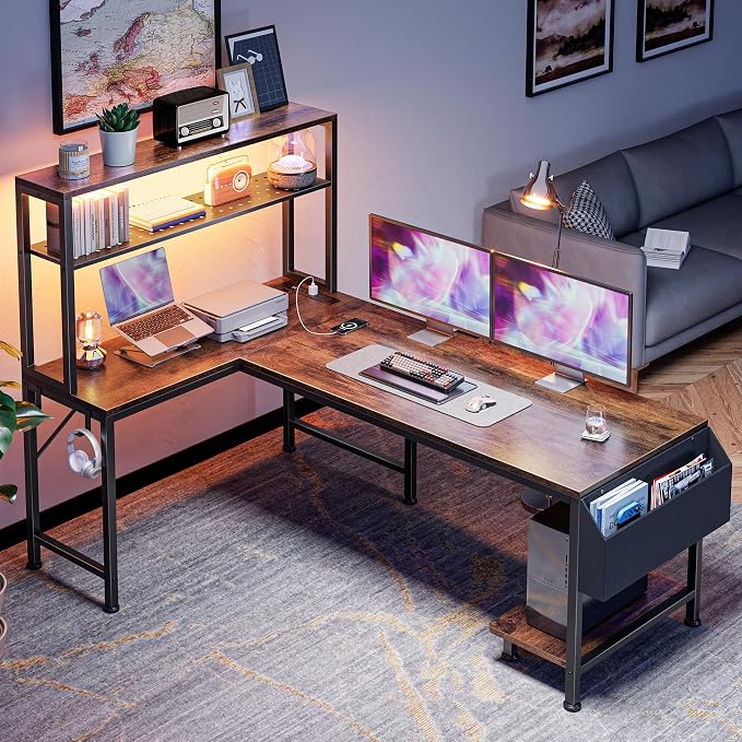 PRAISUN L Shaped Gaming Desk with LED Lights & Power Outlets, Reversible Computer Desk with Storage Shelves & Bag, Large Corner Home Office Desk with Pegboard for Work from Home, Rustic Brown