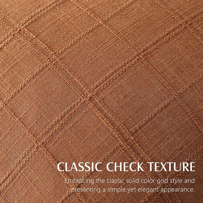Foindtower Set of 2 Decorative Linen Check Throw Pillow Covers Neutral Farmhouse Vintage Cushion Covers Modern Boho Home Decor for Sofa Chair Couch Bedroom Living Room,18×18 Inch,Orange