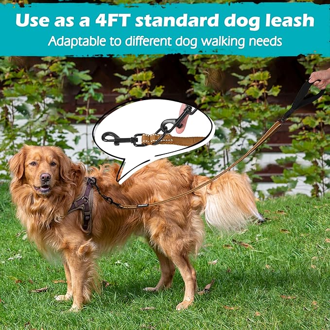 PetBonus Two Point Control Dog Leash, Works with No Pull Harnesses, No Tangle Training Leashes, Soft Padded and Reflective Walking Lead, Converts to Single Lead for Medium Large Dogs (Brown)