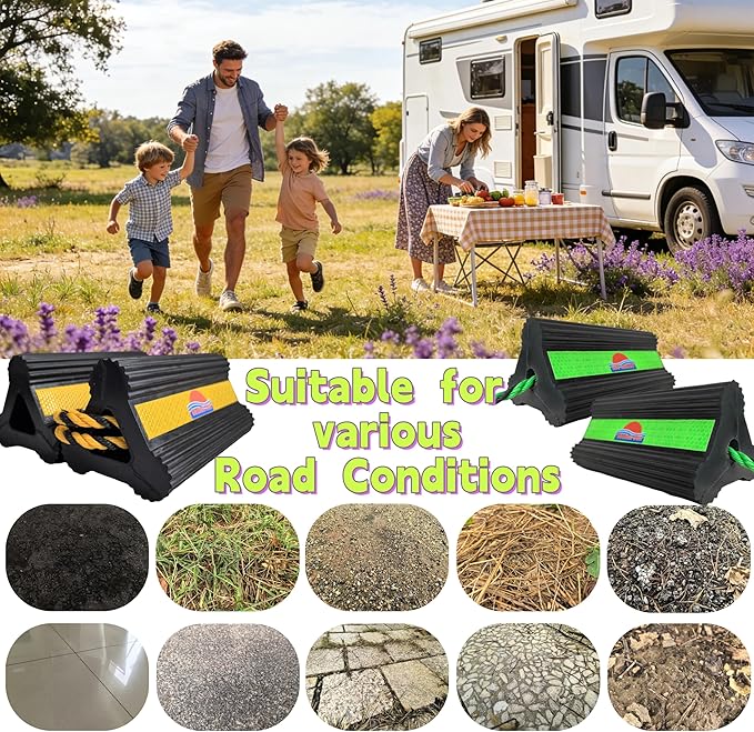 Goshen Sun- Heavy Duty Rubber Wheel Chocks with Reflective Strips,4-Piece (8.25x4.5x4 Inch),All-Weather, Non-Slip,Wear-Resistant & Portable Parking Security for Airplan, RV, Trailer (2-Pair, Yellow)