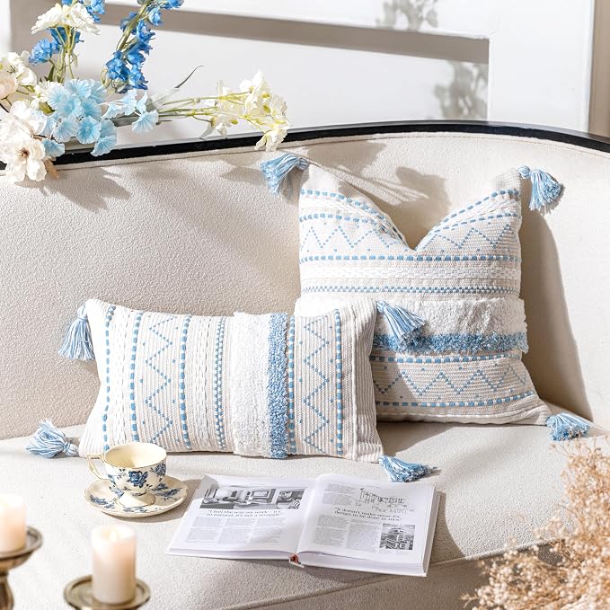 20X20 Throw Pillow Cover, Coastal Blue Square Decorative Cushion Cover, Boho Accent Pillowcase with Tassels for Couch Sofa Living Room (Cover Only)
