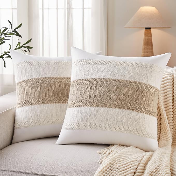 2pk Boho Pillow Covers 24x24, Natural White/Contrast/Taupe | 100% Organic Cotton Body, Stripe Embroidery, Farmhouse Decorative Cushion Covers for Sofa Bed Living Room Home Decor