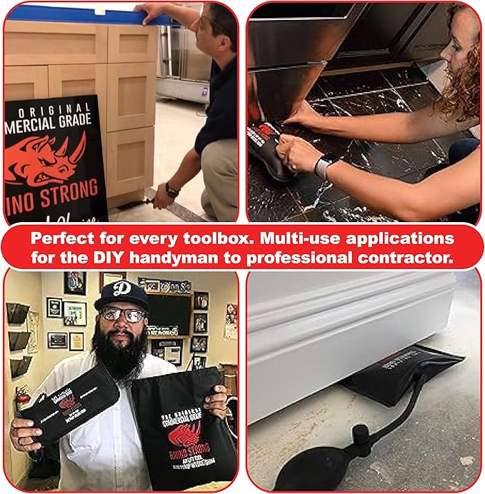 The Original Rhino Strong Commercial Grade Air Wedge Bag Pump Professional Leveling Kit & Alignment Tool Inflatable Shim Bag 3 Piece (Small, Medium, Large). 3 sizes for all of your individual needs.