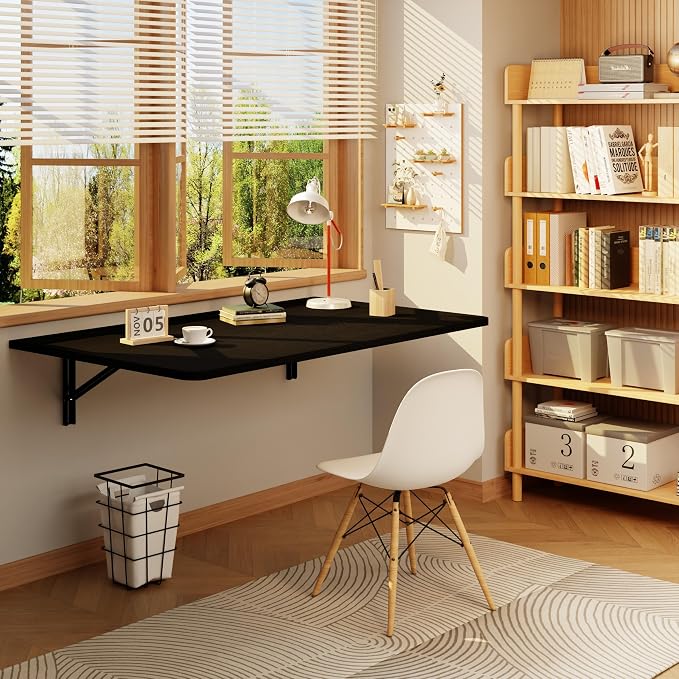 IAE 36x22in Floating Fold Desk,Wall-Mounted Folding Computer Table,Black | Study Table with Shelf Brackets,Foldable Down Shelf with Engineered Wood,Fold Computer Desk for Small Apartment,Holds 501 lb