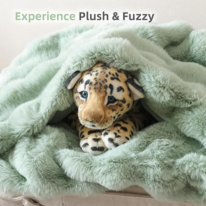 Faux Rabbit Fur Throw for Couch - Sage Green Bubble Blanket 50"x60" | Fluffy Plush Fuzzy Throw for Sofa & Bed, Super Soft Cozy Comfrt Blanket, Luxury Aesthetic Sage Green Decor Gift for Women