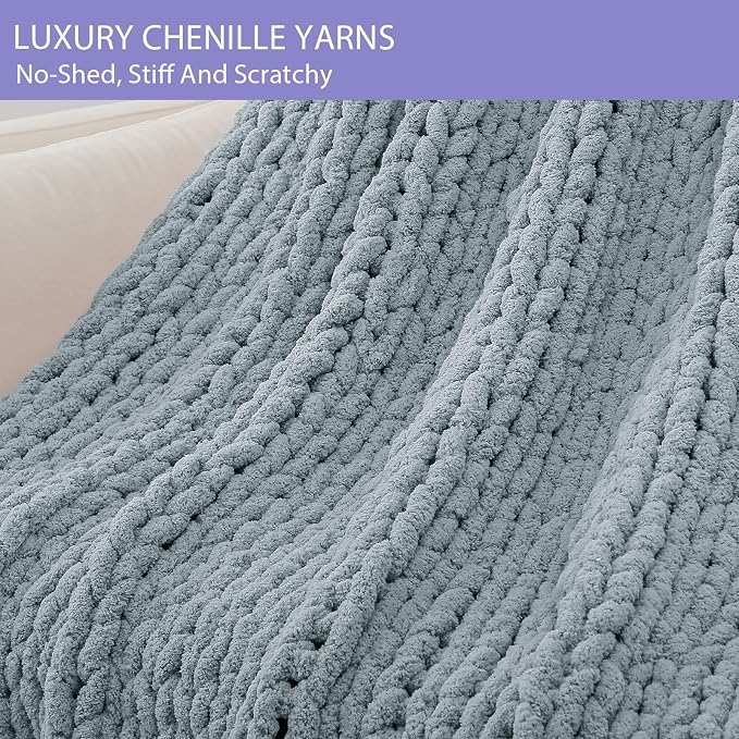 Bigacogo Chunky Knit Throw Blanket for Couch, 51x63 inches, Dusty Blue | Hand Knit with Jumbo Chenille, Soft Breathable Cable Knit for Sofa Bed Living Room, Machine Washable, Gift for Mom Friend